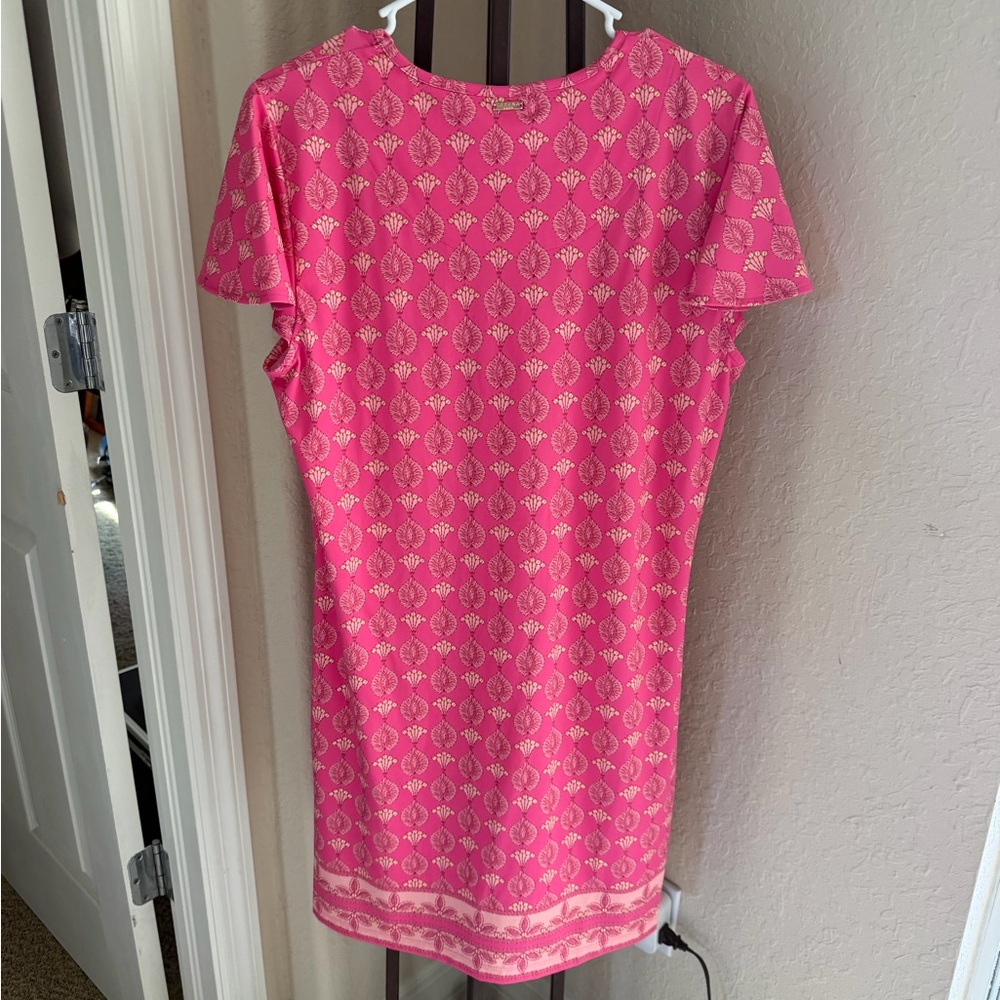 Cabana life, coral and gold, casual dress short sleeves Large